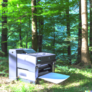 Photograph of a MFP Laser Printer sitting in a forrest