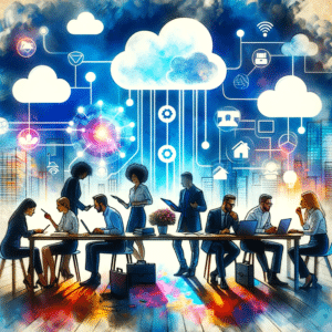 A stylized illustration of a group of diverse professionals engaging in a collaborative session within a lively SME workspace. They are gathered around a central table, with devices emitting a soft azure glow, symbolizing cloud connectivity. Overhead, abstract cloud forms and symbolic network connections represent Microsoft Azure's cloud services, floating in an artistic and abstract manner.