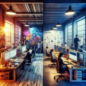A side-by-side comparison of two workspaces. On the left, a lively custom software development area with professionals brainstorming and sketching, featuring unique workstations with ergonomic designs and personalized interfaces. On the right, a standard office setting with uniform cubicles and computers displaying generic software interfaces, representing off-the-shelf software.