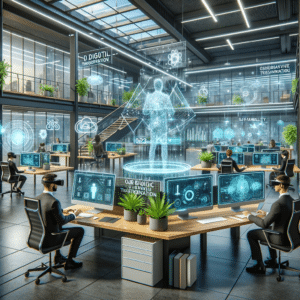 a futuristic workplace with employees wearing augmented reality goggles