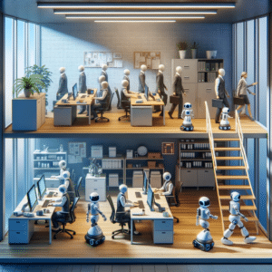An oblique view of a small and medium-sized enterprise (SME) office showing a clear transformation aided by small robots.