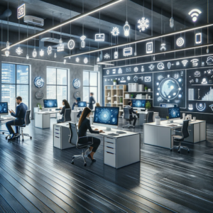 An open workspace with professionals using internet of things devices to carry out their daily activities