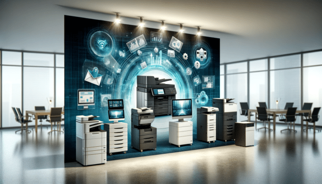 It features a variety of modern printers and multifunction devices elegantly arranged, showing printers processing large volumes of documents efficiently.