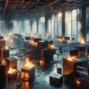 A photo-realistic image of a business office after a disaster, with computers and office technology charred and smoldering. 